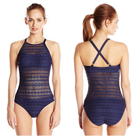 Nautica Grand Isle High-Neck One-Pc Navy Swimsuit - Picture 3 of 5